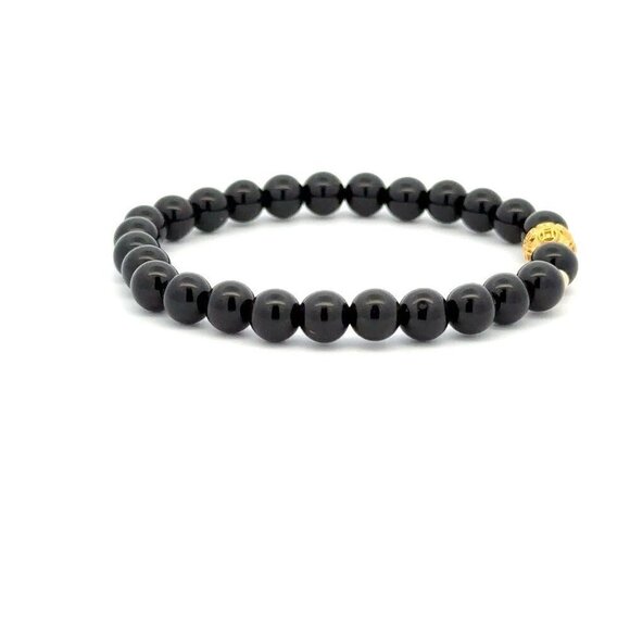 18K Gold Money Ball Lucky Charm Beads Bracelet Gemstones Obsidian 6mm - Picture 3 of 8